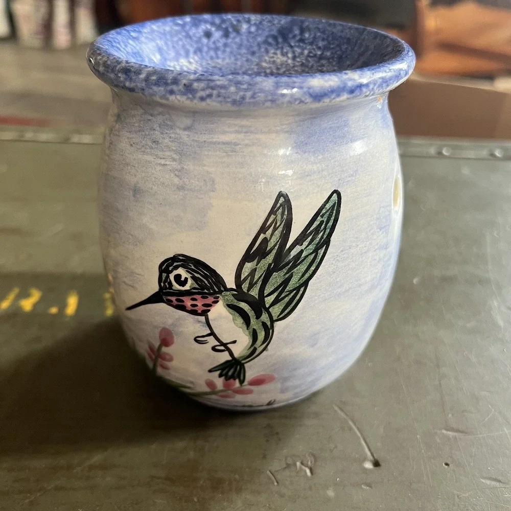 Nola Watkins Collection Hand Painted Pottery Hummingbird Candle Holder~ SIGNED